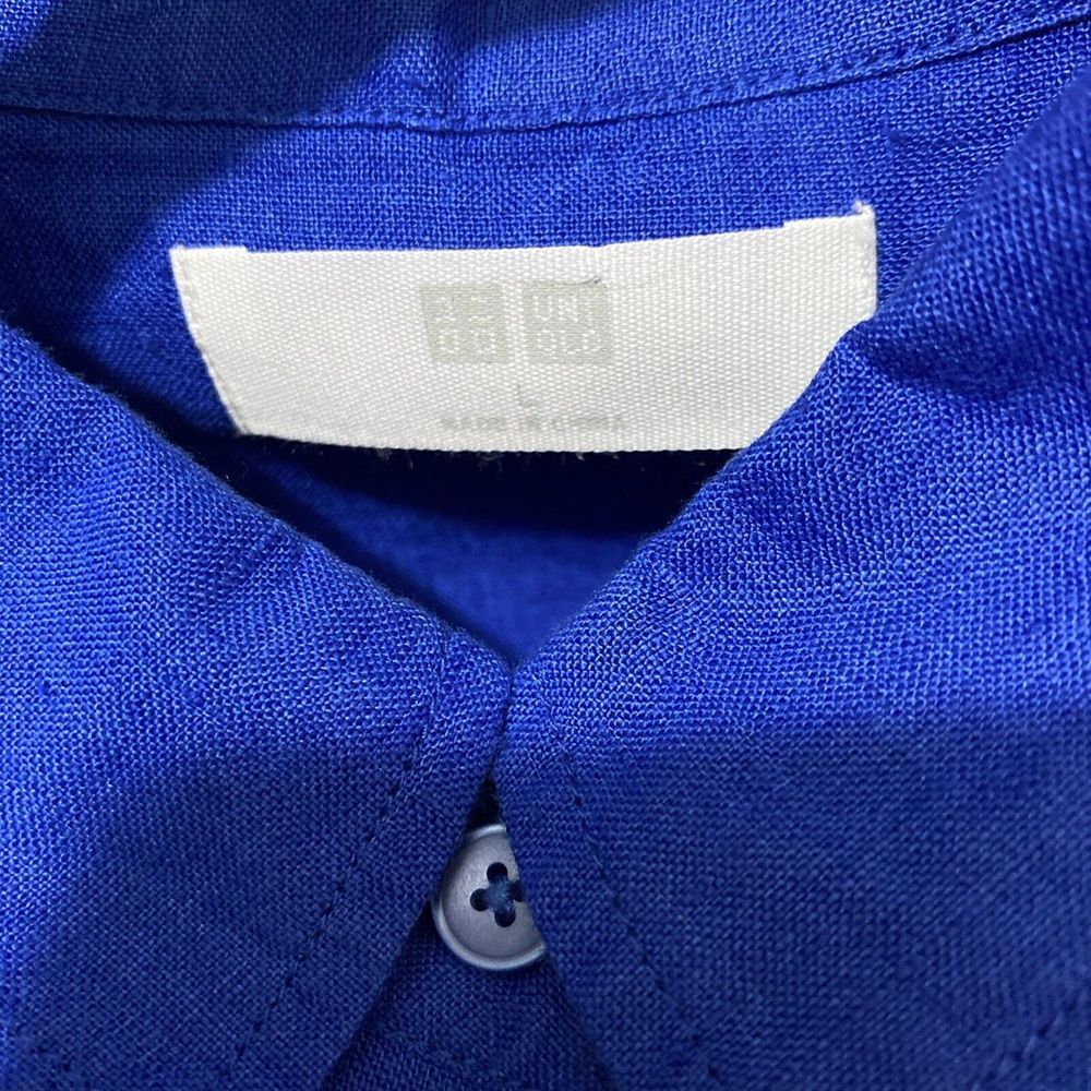 Uniqlo Women's 100% Linen Size Large Cobalt Blue Button Up Sleeveless top - Picture 3 of 5